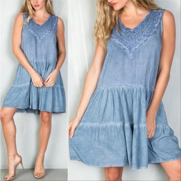 Boho Babe Baby Doll Blue Shift mini Dress - Picture 1 of 4